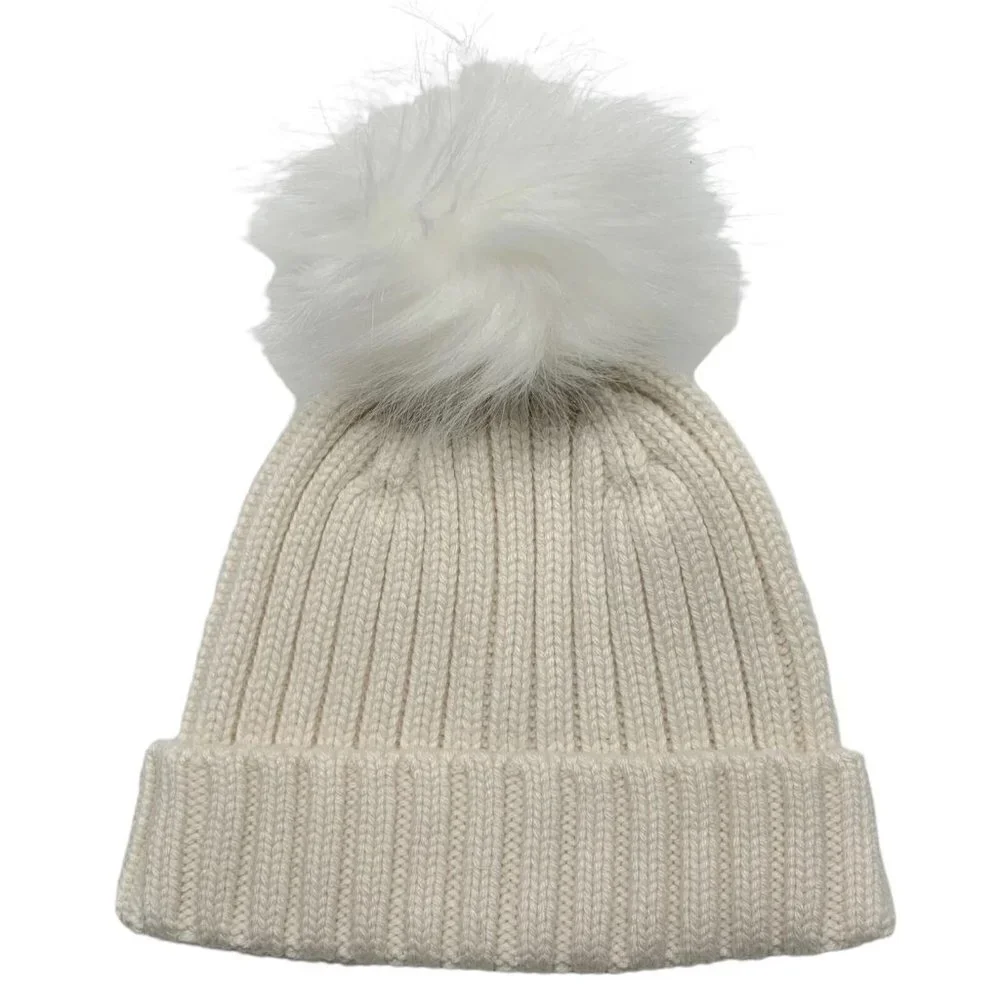 NEW J. Crew Ivory Ribbed Pom Pom Beanie Hat